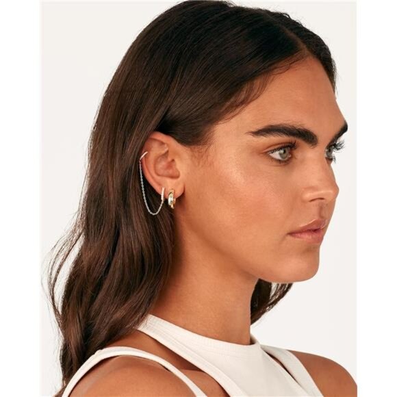 14K Gold Chain Earrings for Women | Double Piercing Dangle Chain Huggie - Picture 4 of 7